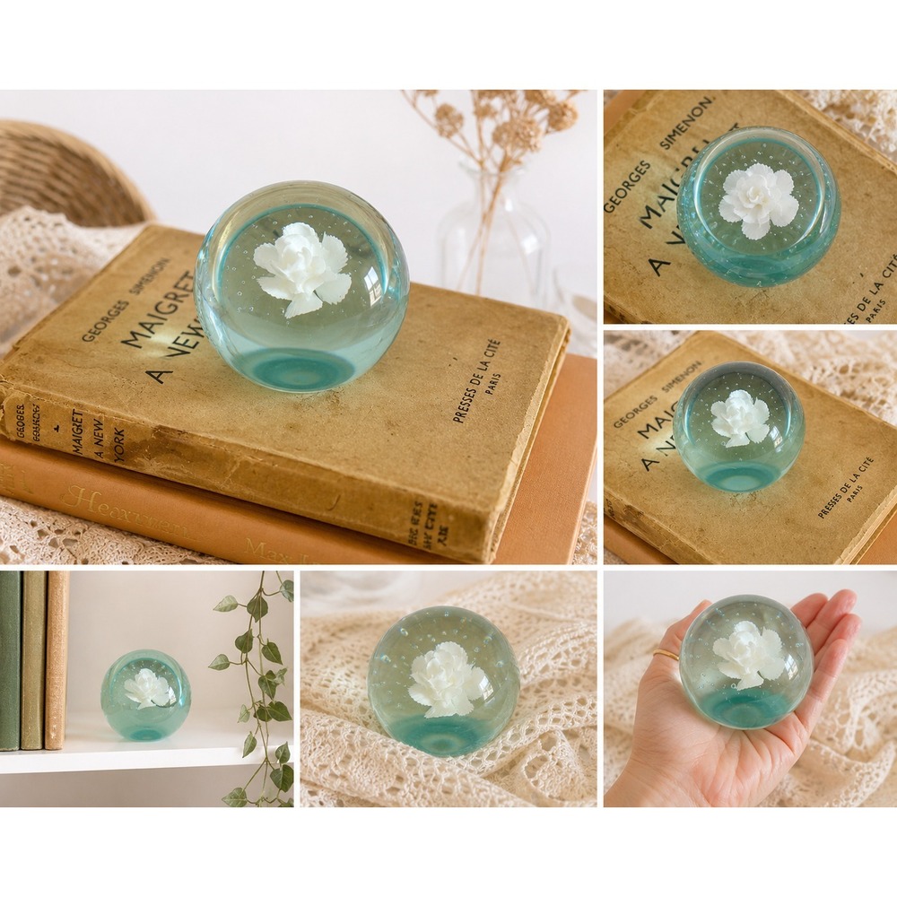 Teal Art Glass Paperweight White Flower Coastal Decor Sm Glass Accent Vtg Style